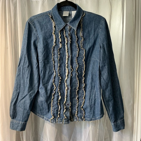 Emma James Tops - Emma James size 10 Denim Ruffle Button-Up Shirt.